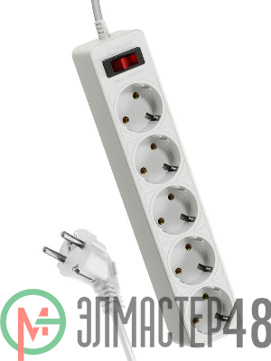 Удлинитель с сетевым фильтром 5х1.8м с заземл. 10А IP20 2.2кВт 3х0.75 индикатор сети бел. Космос FKsm1.8m-5g(W)