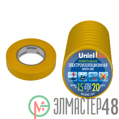 Лента изоляционная 0.135х15мм 20м UIT-135P 20/15/10 YEL желт. (уп.10шт) Uniel 04506