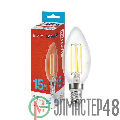 Лампа светодиодная филаментная LED-СВЕЧА-deco свеча прозрачная 15Вт 230В E14 6500К 1455лм IN HOME 4690612055961