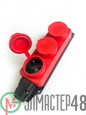 Колодка удлинителя 3-м 16А IP44 с заземл. каучук красн. КОСМОС KKsm-3g-Z-IP(R)16A