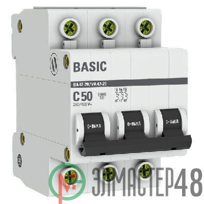 Выключатель автоматический модульный 3п C 50А 4.5кА ВА 47-29 Basic EKF mcb4729-3-50C