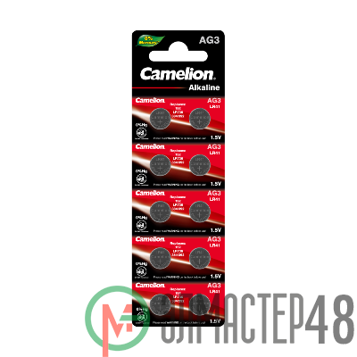 Элемент питания алкалиновый "таблетка" G 3 Mercury Free AG3-BP0%Hg 392A/LR41/192 BL-10 (блист.10шт) Camelion 12811