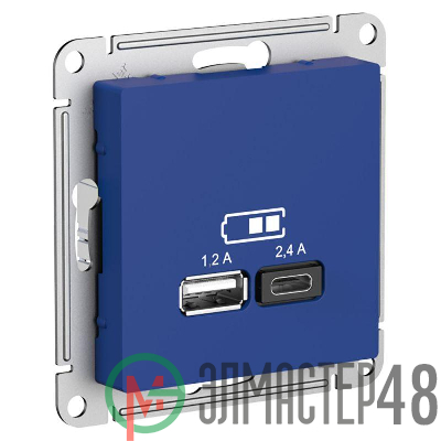 Розетка USB AtlasDesign тип A+C 5В/2.4А 2х5В/1.2А механизм аквамарин SE ATN001139