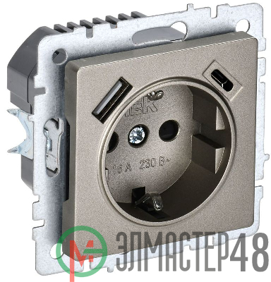 Розетка BRITE РЮш11-1-БрШ 16А с USB A+C 18Вт с заземл. защ. шторки шампань IEK BR-R14-16-U22-018-K37