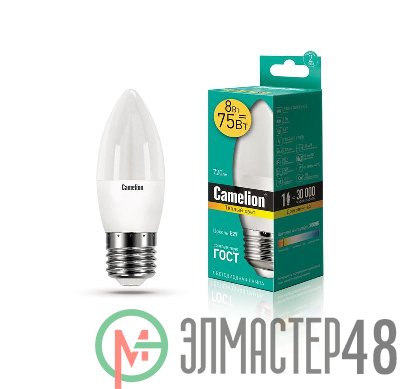 Лампа светодиодная LED8-C35/830/E27 8Вт свеча 3000К тепл. бел. E27 720лм 170-265В Camelion 12389