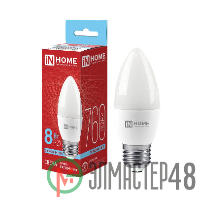 Лампа светодиодная LED-СВЕЧА-VC 8Вт 230В E27 6500К 600лм IN HOME 4690612024820