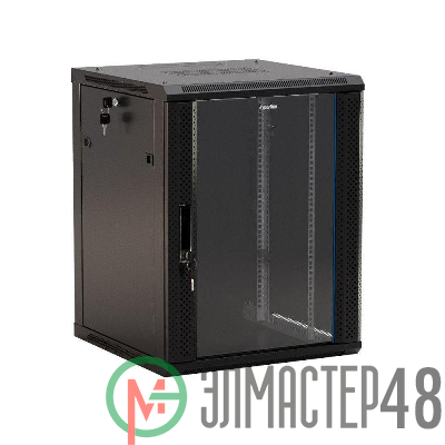 Шкаф настенный TWB-1245-GP-RAL9004 19дюйм 12U 650х600х450мм стеклян. дверь с перфорацией по бокам ручка с замком черн. разобранный Hyperline 392633