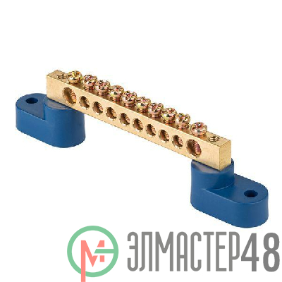 Шина нулевая N 6х9 10 отверстий 2 синих угловых изолятора латунь PROxima EKF sn0-2-63-10