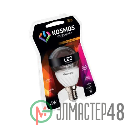 Лампа светодиодная KOSMOS premium 4Вт Шар прозрачный 45мм E27 230В 3000К Космос KLED4wGL45230vE2727C