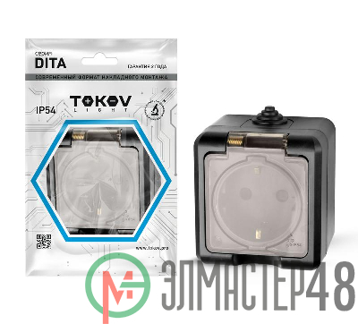 Розетка 1-м ОП Dita 16А IP54 250В с заземл. с прозр. крышкой карбон TOKOV ELECTRIC TKL-DT-R1Z-C14T-IP54