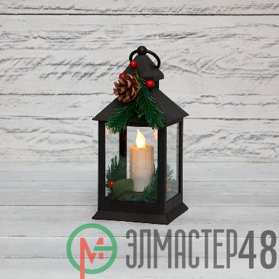 Фонарь декоративный со свечкой и шишкой черн. корпус 10.7x10.7x23.5см тепл. бел. Neon-Night 513-047