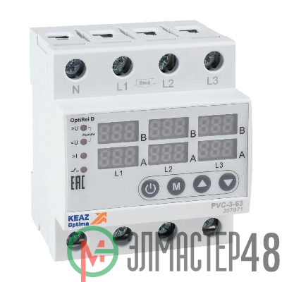 Реле напряжения OptiRel D PVC-3-63 с ЖК-дисплеем и контролем тока 3Ф 63 А КЭАЗ 357871
