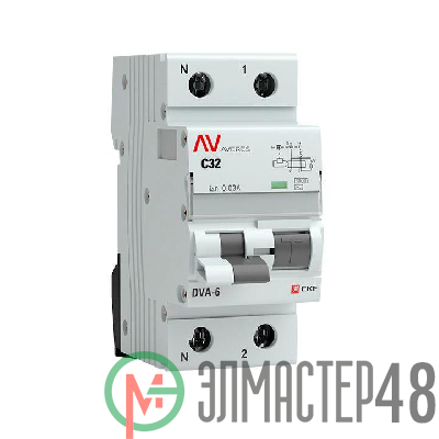 Выключатель автоматический дифференциального тока 2п C 32А 30мА тип AC 6кА DVA-6 Averes EKF rcbo6-1pn-32C-30-ac-av