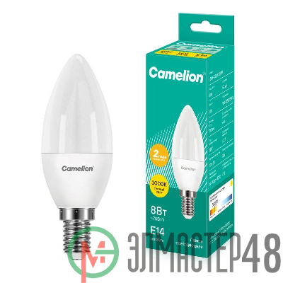 Лампа светодиодная LED8-C35/830/E14 8Вт свеча 3000К тепл. бел. E14 720лм 170-265В Camelion 12385