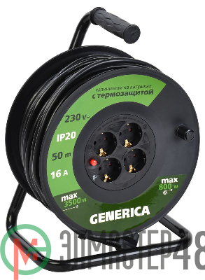 Удлинитель на катушке 4х50м 2P+PE 16А УК50 с термозащ. 3х1.5кв.мм GENERICA IEK WKP20-16-04-50-G