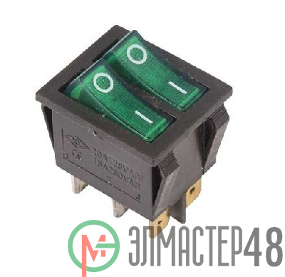 Выключатель клавишный 250В 15А (6с) ON-OFF зел. с подсветкой ДВОЙНОЙ (RWB-511 SC-797) Rexant 36-2412