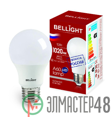 Лампа светодиодная LED A60 220В 12Вт E27 1020лм 4000К BELLIGHT 88297788