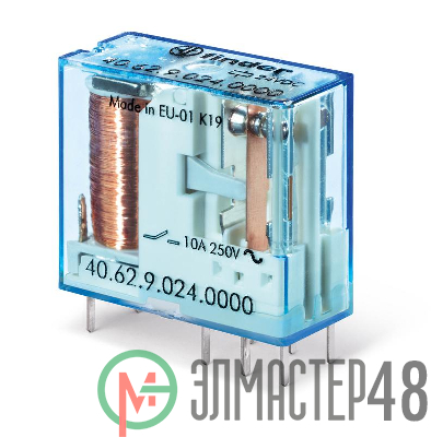 Реле электромеханическое миниатюрное универсальное монтаж на печатную плату или в розетку выводы с шагом 5мм 2CO 10A AgNi 24В DC RTII FINDER 406290240000