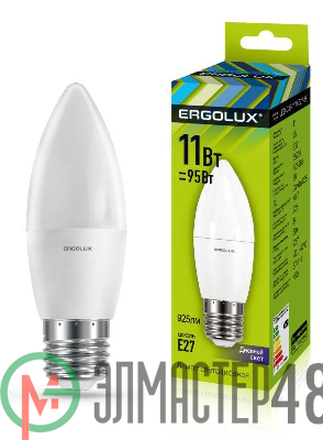 Лампа светодиодная LED-C35-11W-E27-6K 11Вт свеча 6500К холод. бел. E27 180-240В Ergolux 13623