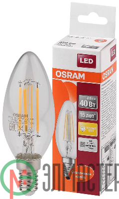 Лампа светодиодная филаментная LED STAR CLASSIC B 40 4W/827 4Вт свеча 2700К тепл. бел. E14 470лм 220-240В прозр. стекл. OSRAM 4058075068353