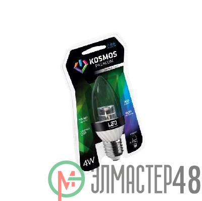 Лампа светодиодная KOSMOS premium 4Вт свеча прозрачная E27 230В 4500К Космос KLED4wCN230vE2745CL