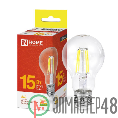 Лампа светодиодная филаментная LED-A60-deco грушевидная прозрачная 15Вт 230В E27 3000К 1480лм IN HOME 4690612055893