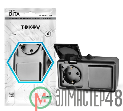 Блок ОП Dita (розетка 16А 250В с заземл. + 1-кл. выкл. 10А) IP54 карбон TOKOV ELECTRIC TKL-DT-V1RZ-C14-IP54