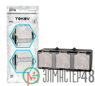 Розетка 3-м ОП Dita 16А IP54 250В с заземл. с прозр. крышкой карбонTOKOV ELECTRIC TKL-DT-R3Z-C14T-IP54