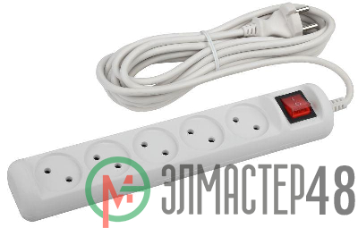 Удлинитель 5х5м без заземл. 10А IP20 U-5s-5m-2х1 ПВС 2х1 с выкл. Эра Б0044057