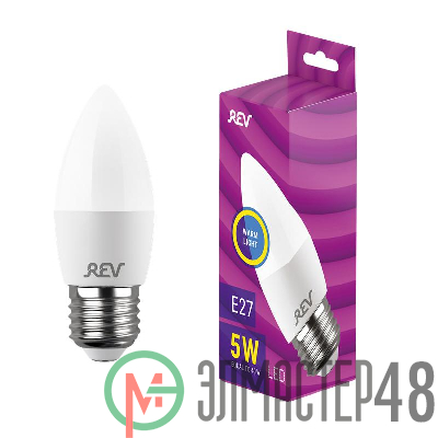Лампа светодиодная C37 5Вт свеча 2700К тепл. бел. E27 420лм 180-240В REV 32273 3