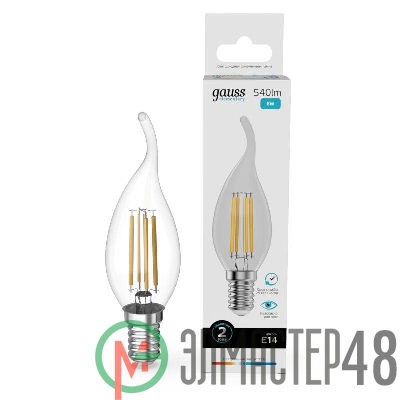Лампа светодиодная филаментная Filament Elementary 8Вт свеча на ветру 4100К Е14 540лм GAUSS 42128
