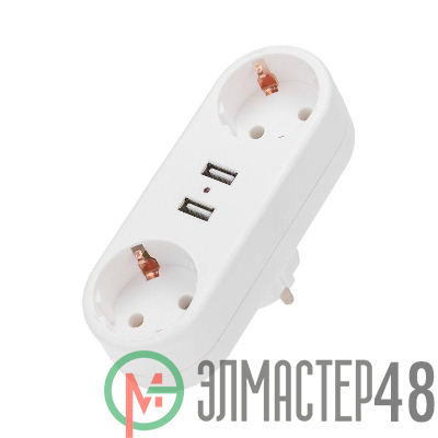 Двойник электрический линейный 16А с/з+2 USB-порта 2.4А бел. Rexant 11-1090