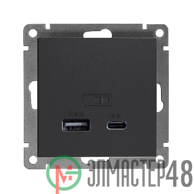 Розетка 2-м USB СП Афина тип А+С 5В 1х2.4А 2х4А механизм графит Universal А0059-Gr