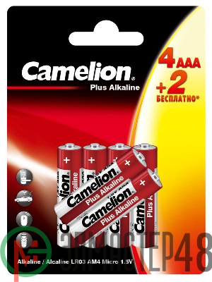 Элемент питания алкалиновый AAA/LR03 1.5В Plus Alkaline 4+2LR03-BP 4+2 бесплатно промо (уп.6шт) Camelion 15307
