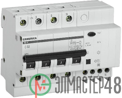 Выключатель автоматический дифференциального тока 4п 32А 30мА АД14 GENERICA ИЭК MAD15-4-032-C-030