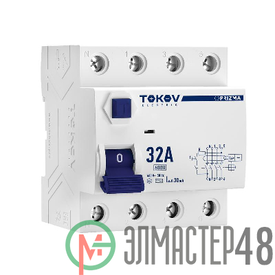 Выключатель дифференциального тока (УЗО) 4П (3P+N) 32А 30мА тип AC 6кА TOKOV Electric TKE-PZ60-RCDM-4-32-30-AC