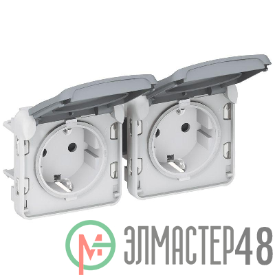 Механизм розетки 2-м СП Plexo горизонт. с защ. крышкой с заземл. IP55 сер. Leg 069576