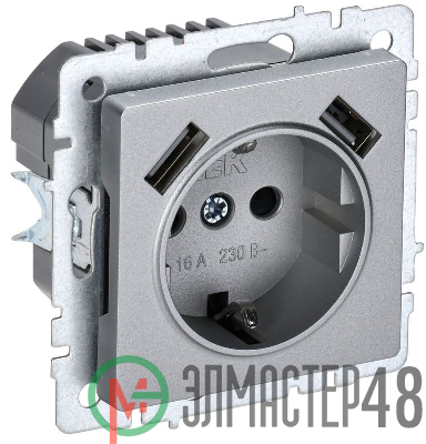 Розетка BRITE РЮш10-2-БрА 16А с USB A+A 3.1А с заземл. защ. шторки алюм. IEK BR-R14-16-U21-D31-K47