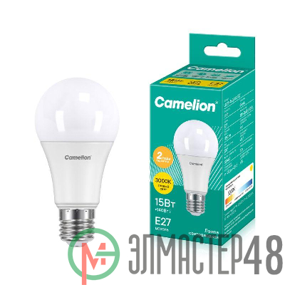 Лампа светодиодная LED15-A65/830/E27 15Вт грушевидная 3000К тепл. бел. E27 1280лм 170-265В Camelion 12196 / 12185