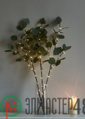 Ветвь эвкалипта иммитация 62см 32LED тепл. бел. IP44 6ч таймер кабель корич. 50см КОСМОС KOC_INT-B131