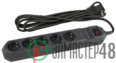 Удлинитель с сетевым фильтром 5х1.5м USF-5es-1.5m-USB-B с заземл с выкл. ПВС 3х0.75 5гн+2USB черн. ЭРА Б0019036