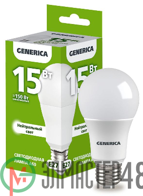 Лампа светодиодная A60 15Вт грушевидная 4000К E27 230В GENERICA LL-A60-15-230-40-E27-G