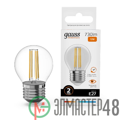 Лампа светодиодная филаментная Filament Elementary 12Вт шар 2700К Е27 730лм GAUSS 52212