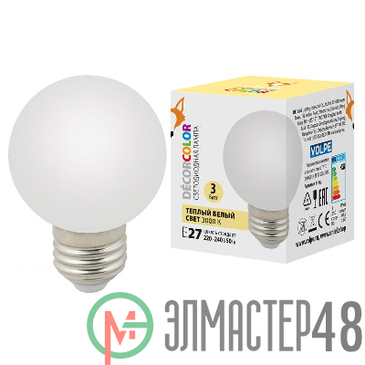 Лампа декоративная светодиод. LED-G60-3W/3000K/E27/FR/С Шармат 3000К упак. картон. Volpe UL-00006955
