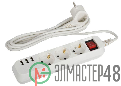 Удлинитель электрический U-3es-1.5m-USB с заземлением с выключателем 3 розетки+3xUSBA 1.5м 10А Эра Б0052900