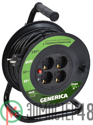Удлинитель на катушке 4х30м 2P+PE 10А УК30 с термозащ. 3х1.0кв.мм GENERICA IEK WKP10-10-04-30-G