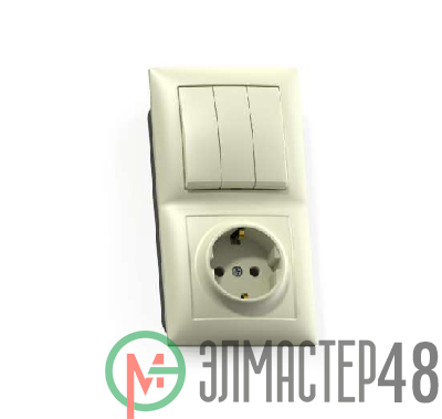 Блок СП БКВР-413 Селена (3-кл. выкл. + розетка с заземл.) сл. кость Кунцево 8178