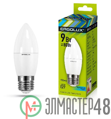 Лампа светодиодная LED-C35-9W-E27-4К 9Вт свеча 4000К нейтр. бел. E27 172-265В Ergolux 13171