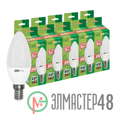 Лампа светодиодная PLED-ECO-C37 5Вт C37 3000К тепл. бел. E14 400лм 230В 50Гц (уп.10шт) JazzWay 2856548
