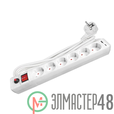 Удлинитель с сетевым фильтром 6х3м с заземл. 10А IP20 2.2кВт USB type-A + type-C ПВС 3х0.75 с выкл. бел. UNIVersal 2544